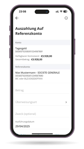 App Screenshot Auszahlung auf Referenzkonto