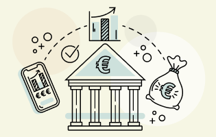 Bankgebäude, Mobiltelefon, Sack mit Erspartem